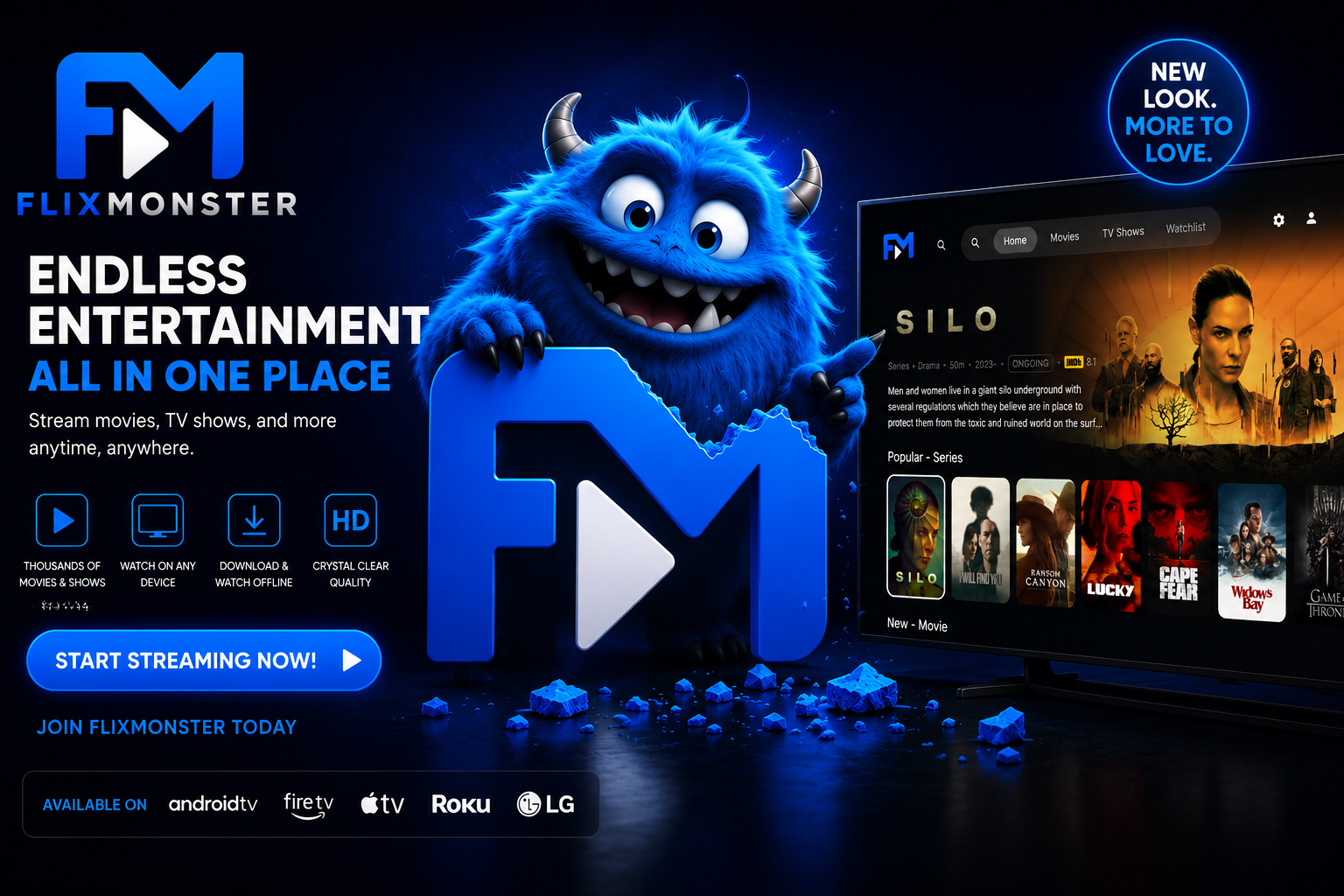 Flixmonster — endless entertainment, all in one place. Stream on Android TV, Fire TV, Apple TV, Roku and LG.